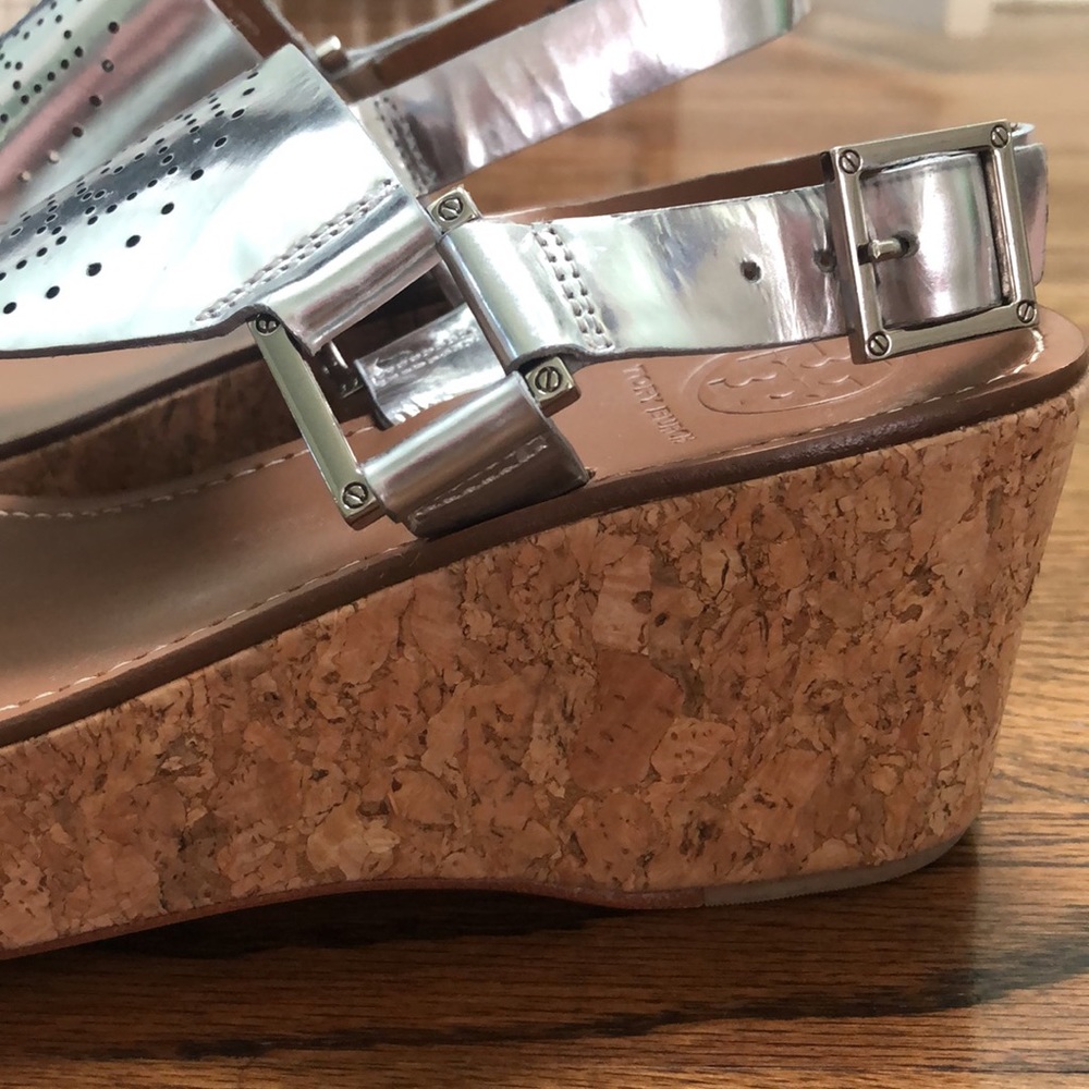 Tory Burch Mirrored Silver Cork Wedge Sandals 8 - image 4